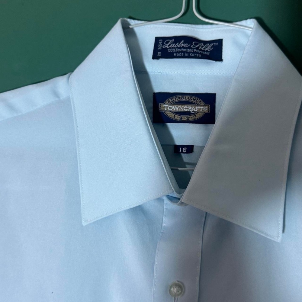 Vintage Towncraft Mens 80s Lustre Silk Baby Blue Short Sleeve Button Up Shirt 16
